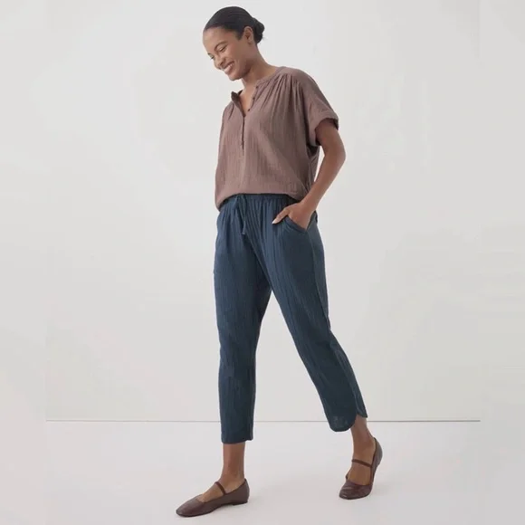 Pact Organic Cotton Double Gauze Pull-On Tapered Pant Coastal Blue Size S - Picture 2 of 9